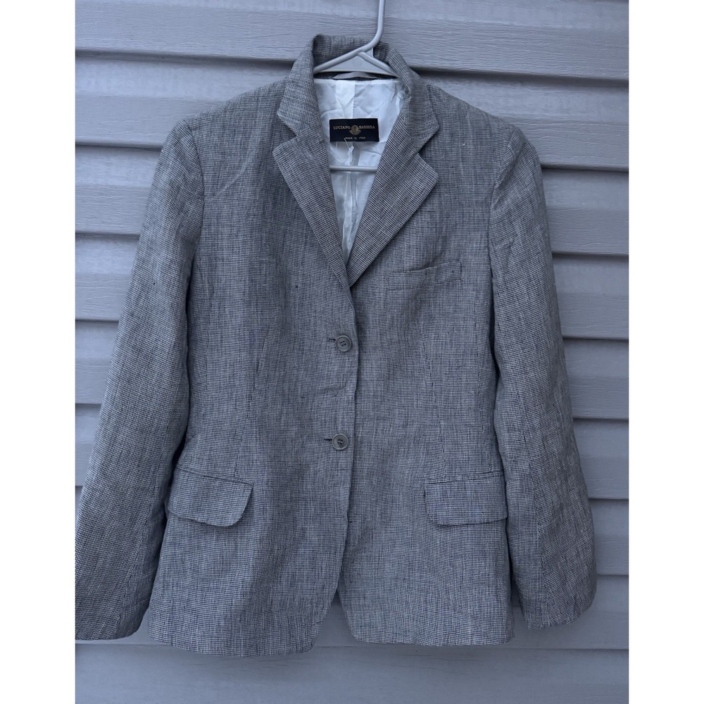 Luciano Barbera Women's Houndstooth Blazer 100% Linen Made In Italy Sz 42